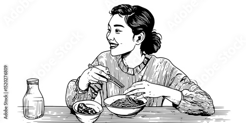 Engraved vintage illustration of a joyful woman enjoying a cultural dining experience with noodles and local delicacies