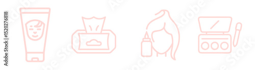 Cosmetic makeup palette and brush, hair dye, face scrub and facial wipes outline icon  set for beauty and style service