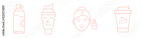 Skincare facial serum, makeup sponge, dry shampoo and body scrub outline icon set for beauty and wellness concepts