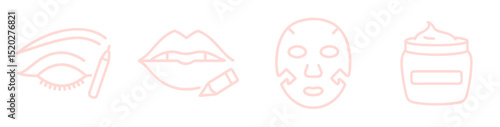 Elegant lip liner, reusable mask sheet, eyebrow pencil and body scrub jar outline icon set for beauty and cosmetics branding, makeup artwork, and fashion design projects