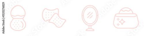 Pore strips, compact mirror, cosmetic purse and sponge outline icon set for beauty and spa service