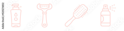 Elegant flat hairbrush, facial roller, spray bottle and facial cleanser bottle in minimalist design outline icon set for daily grooming and hair care routine