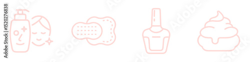 Minimalist outline icon set of shaving cream, facial cleanser, nail polish and cotton pads for personal care, and self-care product packaging or branding