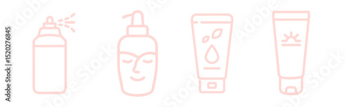 Nourishing sunscreen cream, moisturizing gel , spray can and  face toner bottle  outline icon set for healthy, smooth care and beauty services