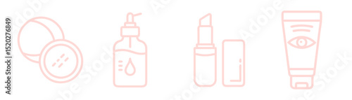 Open lipstick and case,  hair serum bottle, face powder compact and eye cream tube outline icon set, for beauty service, cosmetics, and fashion design concepts