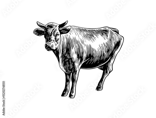 Vintage engraved illustration of a cow standing gracefully in a pastoral setting, showcasing timeless artistry and craftsmanship in design