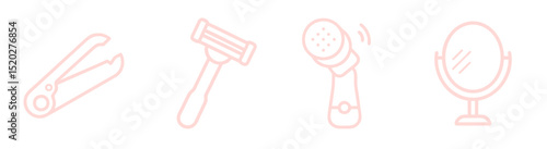 Elegant shaving razor, nail clipper,  makeup mirror and facial cleansing brush outline icon set for self care design