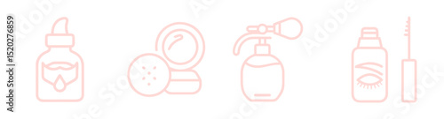 Elegant makeup setting powder, perfume sprayer,  eyebrow gel and oil bottle with drop outline icon set for flawless beauty, cosmetic essentials, and professional glamour service