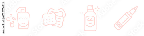 Skin toner bottle, facial cleanser bottle with smile and bubbles, eyeliner pencil and cotton pads outline icon set in pastel color, spa and beauty product illustration for skincare routines