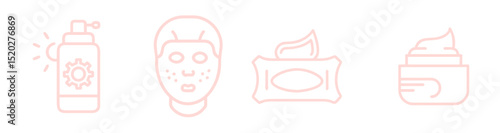 Makeup remover wipes, spray, facial wipes and facial exfoliator mask outline icon set for gentle skin care, hygiene, and convenience. cleansing solutions for everyday use and travel