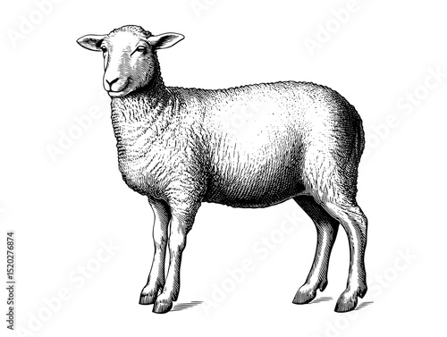 Vintage engraved illustration of a sheep standing confidently in a pastoral setting with intricate detailing and classic design