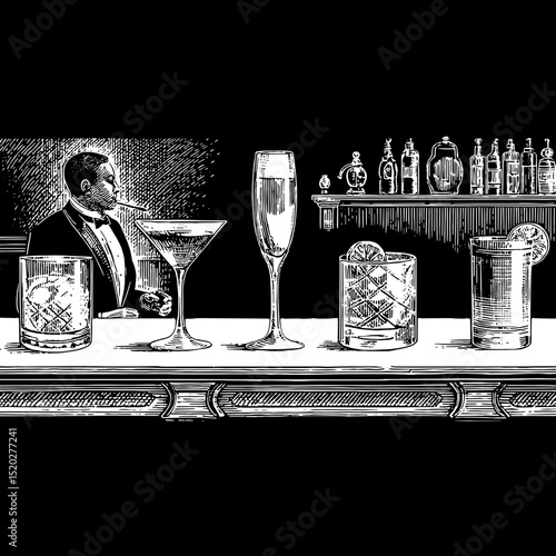 Vintage bar scene featuring an elegant bartender preparing classic cocktails in a stylish establishment with an old-world charm