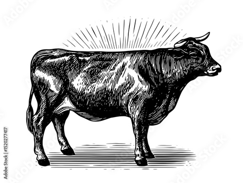 Vintage engraved emblem featuring a majestic cow with rays of light emanating from its silhouette