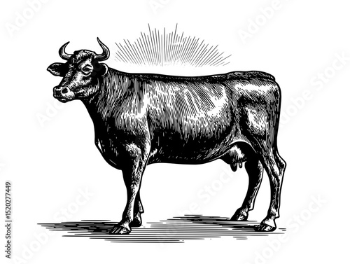 Engraved vintage emblem featuring a majestic cow in a rustic pastoral setting