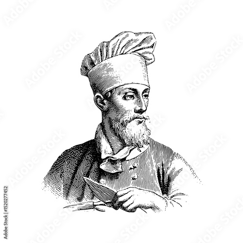 Vintage engraved illustration of a chef with a knife in a traditional culinary setting
