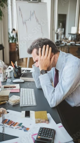 Stressed professional man sits at messy desk with stock chart, hands on head in frustration with financial loss, market crash