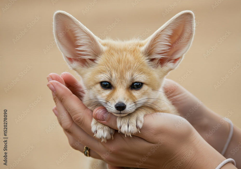 Fototapeta premium Fennec Fox Pup Held in Hands, A Portrait of Innocence