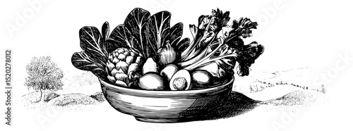 Vintage engraved illustration of a bountiful harvest featuring an array of fresh vegetables and fruits in a bowl