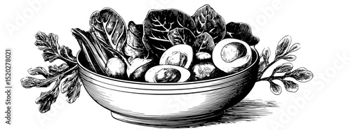 Vintage engraved illustration of a bowl filled with fresh vegetables and greens, showcasing nature's bounty and artistic craftsmanship