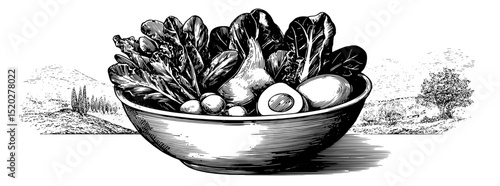 Vintage engraved illustration of a bowl filled with fresh organic vegetables and eggs surrounded by an idyllic landscape