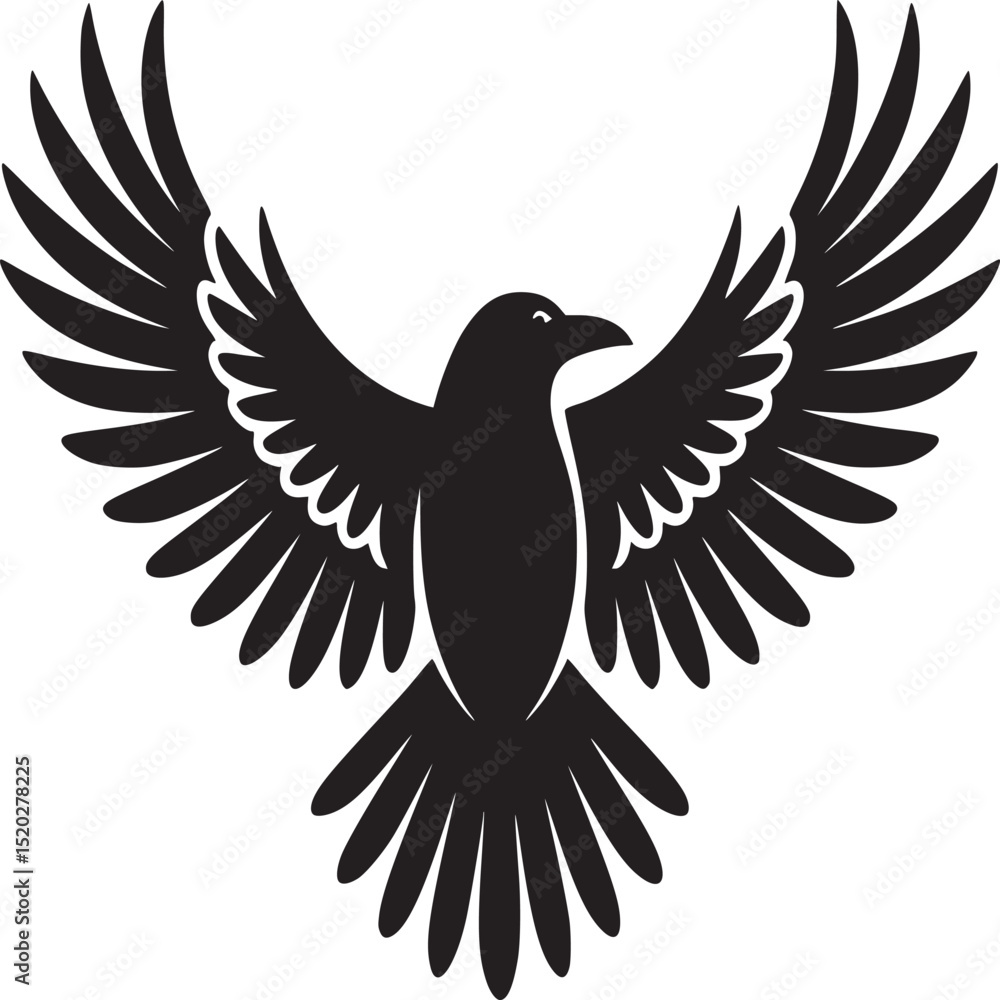 Obraz premium A stylized black raven with its wings spread wide against a stark white background illustration