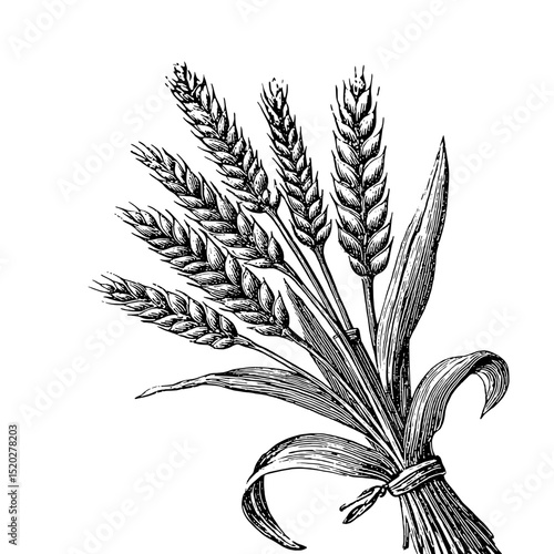 Vintage engraved emblem showcasing a bundle of wheat stalks symbolizing harvest and abundance, perfect for artistic designs or trademarks