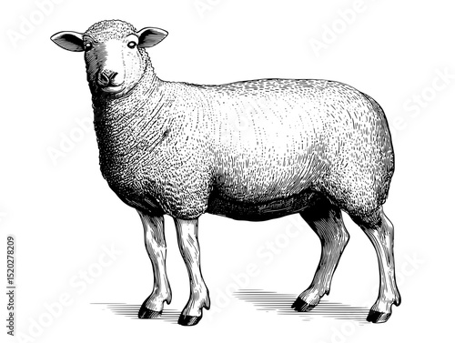 Vintage engraved illustration of a sheep representing pastoral life and agricultural heritage in a timeless design