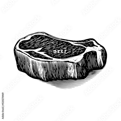 Vintage engraved illustration of a beef steak showcasing intricate details and unique design from a classic collection