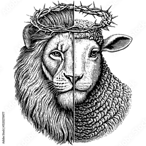 Engraved vintage emblem featuring a lion and lamb with a crown of thorns in a unique artistic design