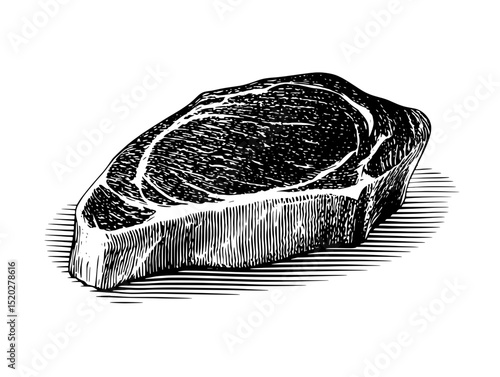Vintage engraved illustration of a thick cut of meat showcasing the artistry of culinary design and craftsmanship