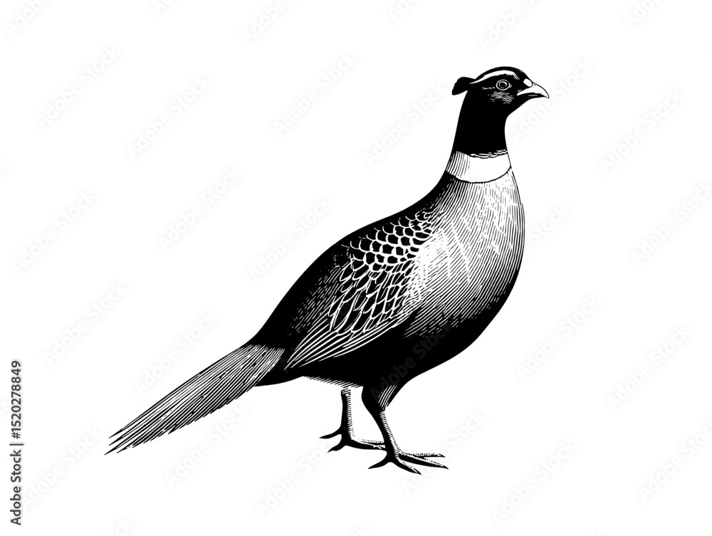 Fototapeta premium Elegant vintage engraved illustration of a majestic pheasant captured in intricate detail for a classic collection