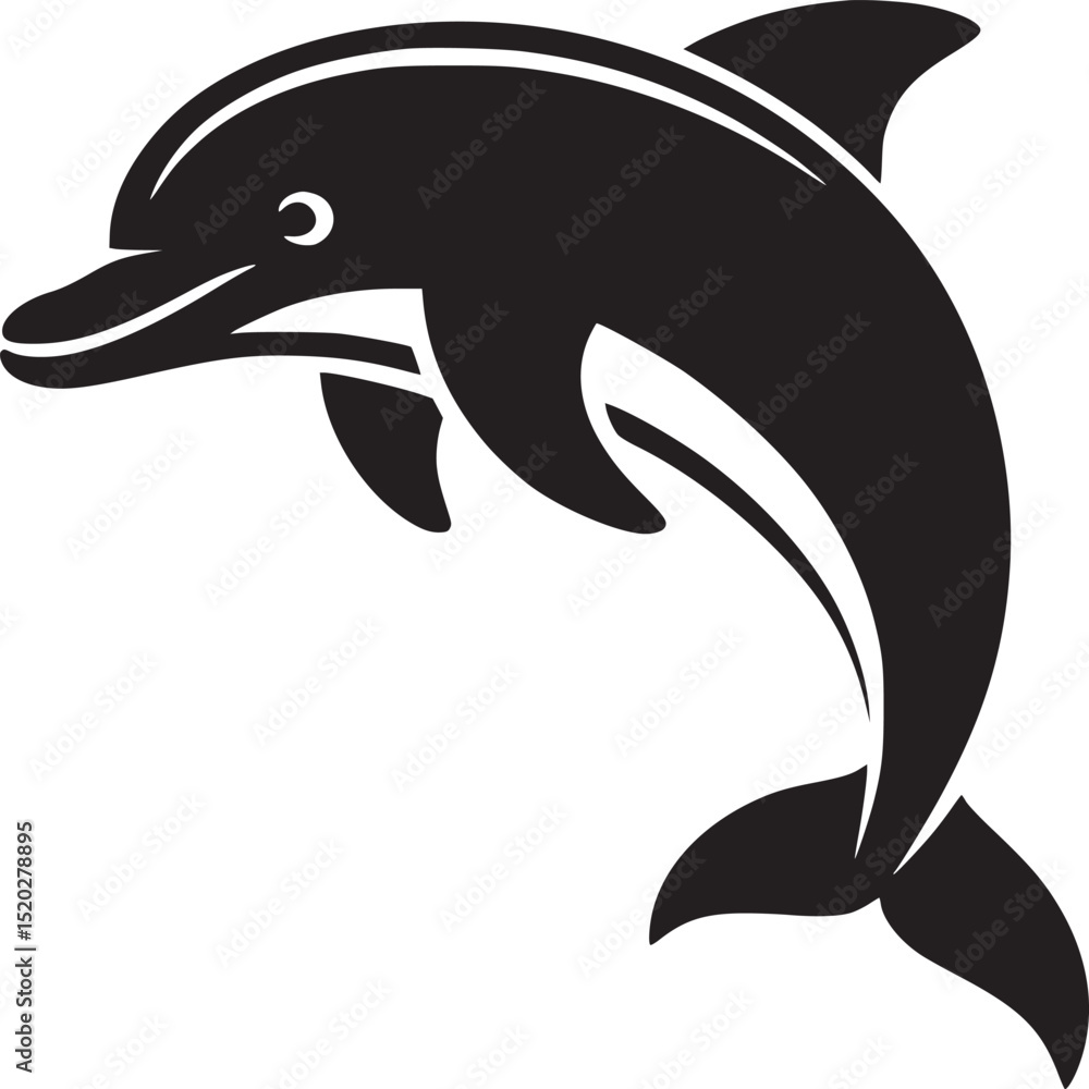 Fototapeta premium A stylized black dolphin silhouette leaping upwards on a plain white background in simple graphic style