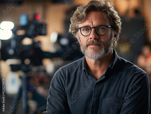 Professional Studio Portrait of Thoughtful Man in Film and Media Setting with Cinematic Lighting