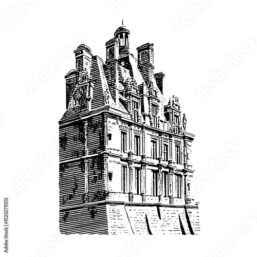 Intricate vintage engraving of an elegant architectural marvel showcasing detailed craftsmanship and historic design elements