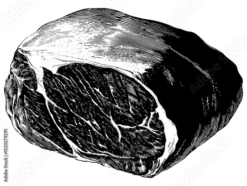 Vintage engraved illustration of a prime cut of meat showcasing intricate details and artistic design elements