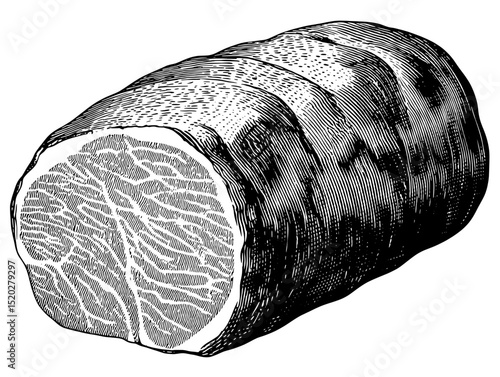 Engraved vintage illustration of a meat cut showcasing intricate details in design and traditional craftsmanship