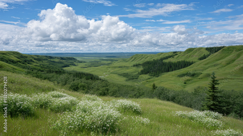 Naklejka premium breathtaking summer landscape of rolling hills in alberta showcasing lush green fields and wildflowers under clear