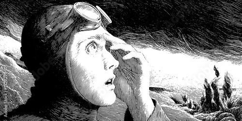 Vintage engraved emblem depicting a surprised aviator gazing towards a stormy sky during early aviation exploration