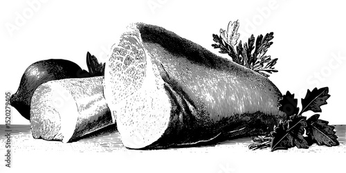 Vintage engraved illustration of root vegetables with herbs from a classic collection showcasing nature's bounty