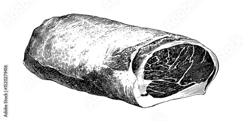 Vintage engraved illustration of a rolled ham cut showcasing intricate details in a classic design