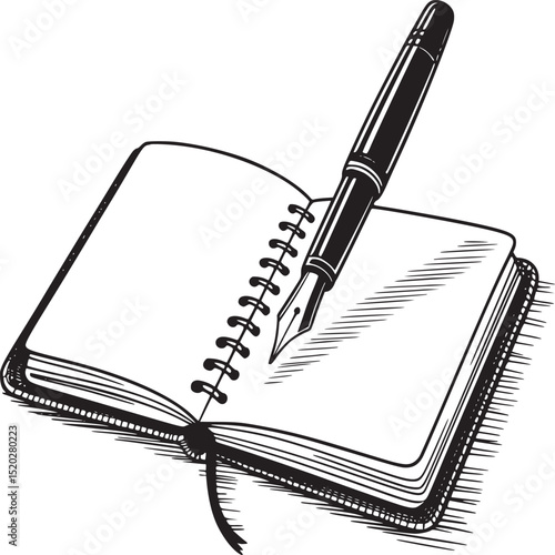 A black and white illustration of a pen resting on an open spiral bound notebook with blank pages