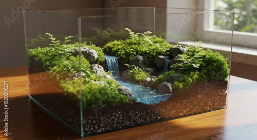 Serene Miniature Waterfall Ecosystem in Glass Terrarium, Lush Green Moss, Small Plants, Rocks, and Water Feature