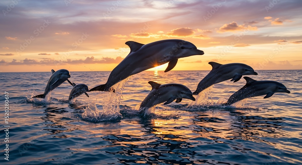 Fototapeta premium Majestic Dolphins Leap at Sunset Ocean Wildlife Marine Mammals Nature Scene
