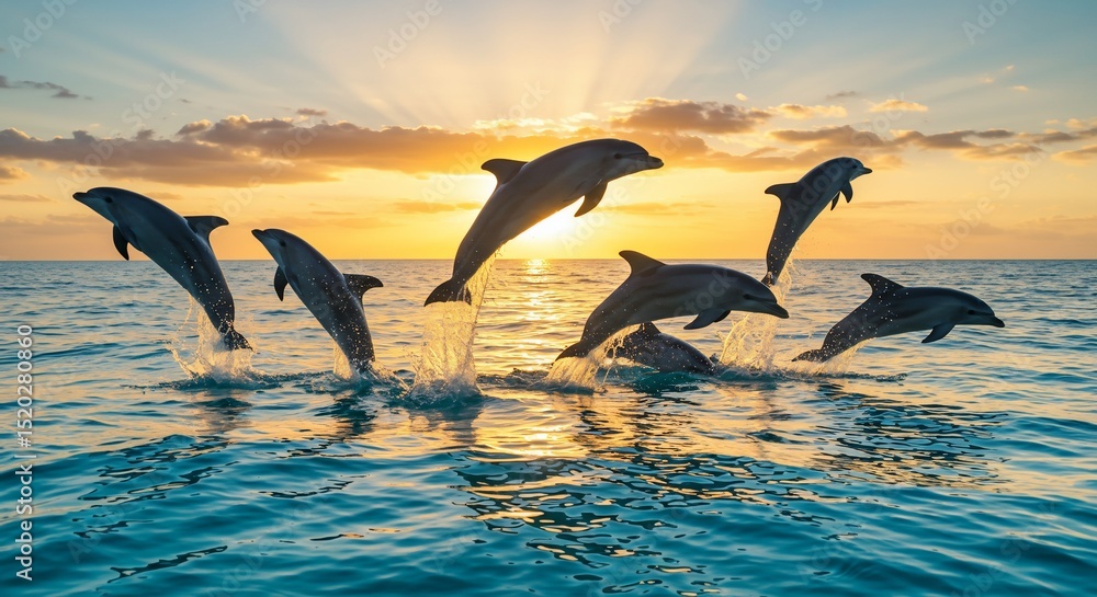 Fototapeta premium Majestic Dolphins Leap at Sunset Ocean Scene Wildlife Nature Photography