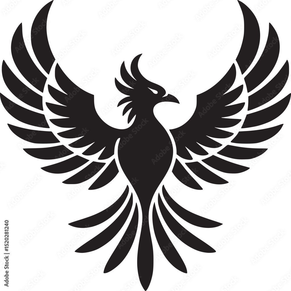 Fototapeta premium A symmetrical black phoenix with spread wings on a white background in a square format image