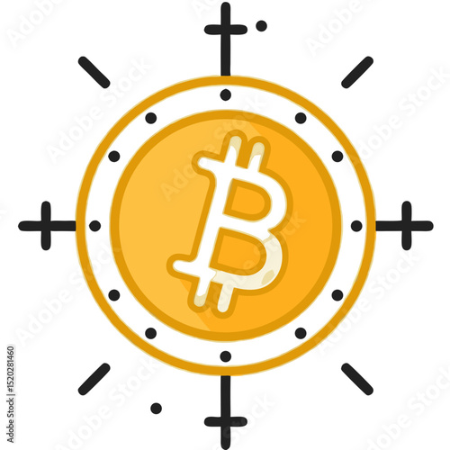 Cartoon Bitcoin Coin with Radiating Lines and Crosses Illustration