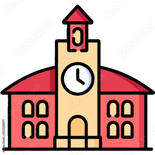 Cartoon illustration of a school building with a clock tower