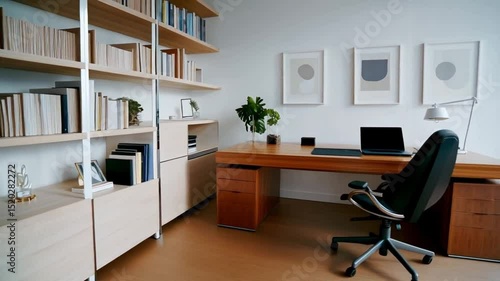 Wallpaper Mural A bright office space with a wooden desk, laptop, chair, bookcase, and a large window with city view Torontodigital.ca