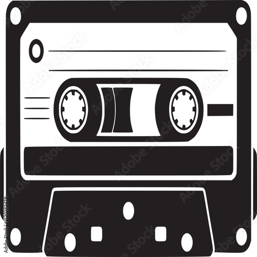 A graphic black and white illustration of a cassette tape with a minimalist design aesthetic