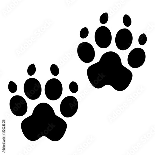 Dog footprints, paw prints, canine tracks, isolated black silhouettes on white background.  These simple dog footprints are perfect for pet-related designs, pet shop logos.